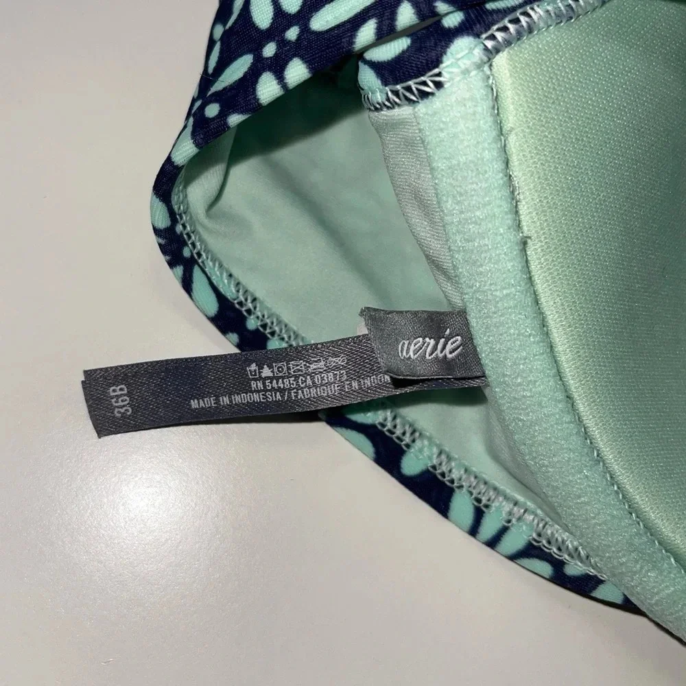 aerie Navy Blue & Mint Green Floral Print Ruffle Push-up Bikini Top 36B Women’s